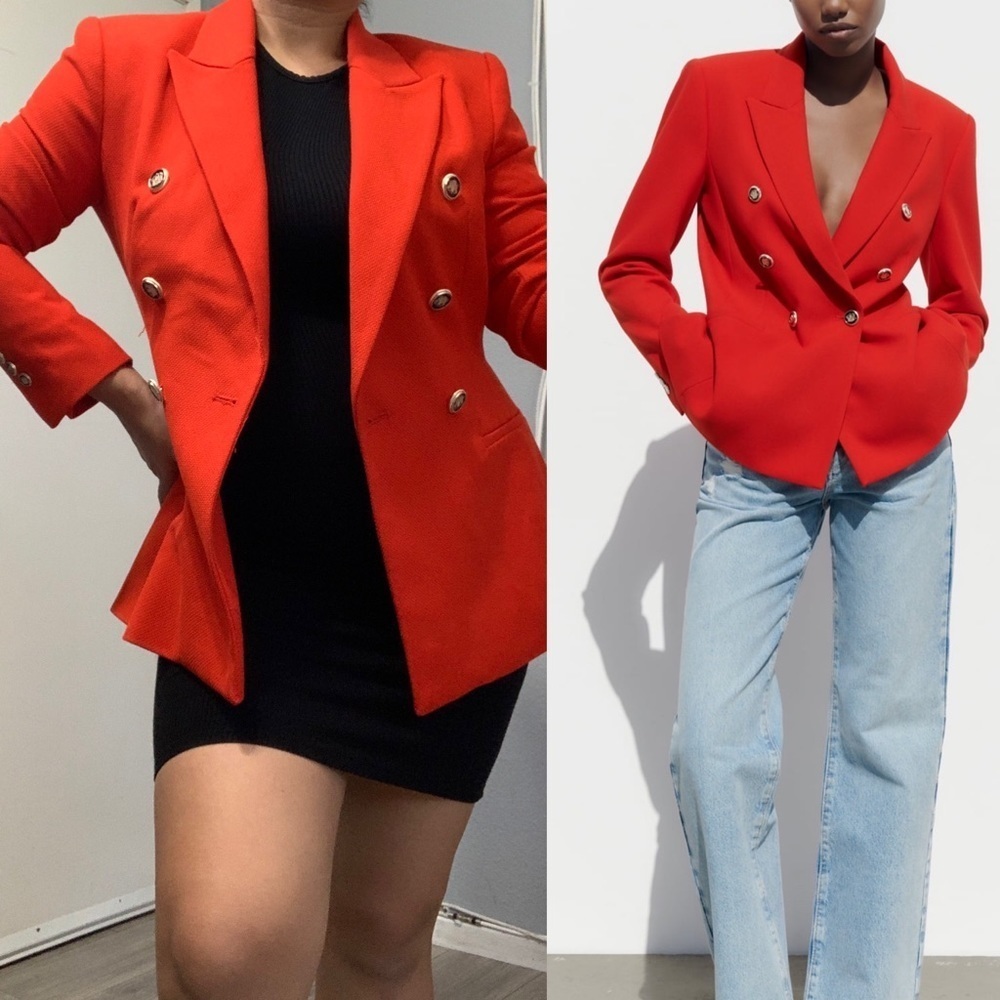 Zara New Women Red Long Sleeves Lapel Collar Double Breasted Pique Blazer Size M